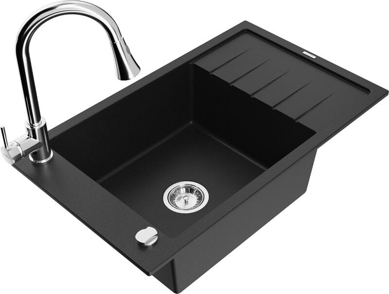 Elias 1 Becken-Granitspüle mit Abtropffläche und Mischbatterie Elia, Schwarz - 6511-77-670101- - Mexen