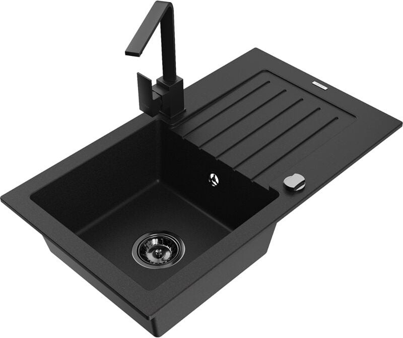 Pablo 1 Becken-Granitspüle mit Abtropffläche und Mischbatterie Rita, Schwarz - 6510-77-670300- - Mexen