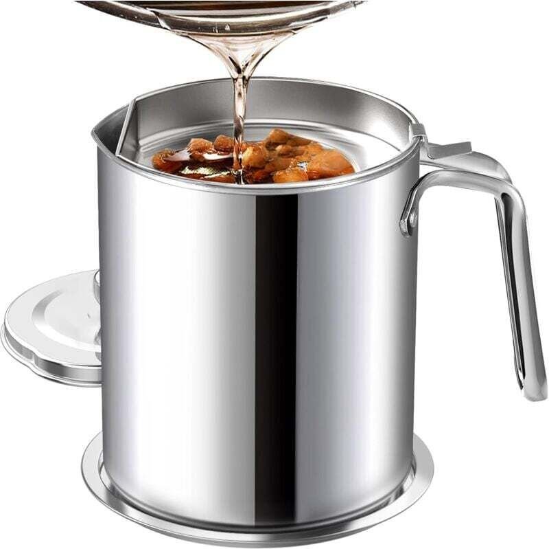 Fettbehälter aus Edelstahl mit feinmaschigem Sieb, 2 l, mit Staubschutz, rutschfeste Küchenablage zum Aufbewahren von Br...