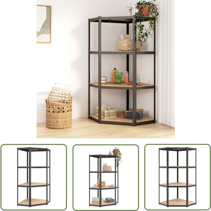 The Living Store Eckregal mit 4 Böden Anthrazit Stahl & Holzwerkstoff - Eckregal - Industrielles Regal - Metallregal - L...