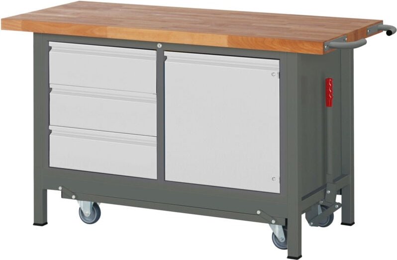 STIER Werkbank Premium mit abs. Fahrgestell, 3 Schubladen und 1 Flügeltür BxTxH 1500x700x880 mm