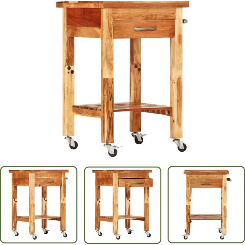The Living Store Küchenwagen 55x55x89 cm Massivholz Akazie - Holz Küchenwagen - Servierwagen - Küchentisch - Akasie Möbe...