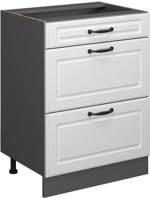 Küchenunterschrank R-Line, Weiß Landhaus, 60 cm mit Schubladen, ohne Arbeitsplatte Vicco