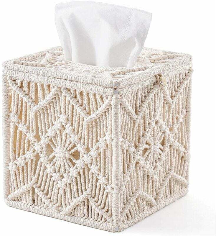 Shining House - Taschentuchbox-Abdeckung, Boho-Dekor, quadratischer Taschentuchhalter mit Perlenschlaufe, Makramee-Servi...