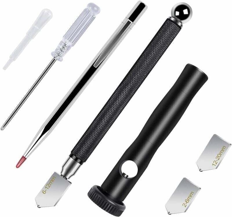 Glasschneider für 2–20 mm Glas mit ergonomischem Griff – professioneller Diamantschneider mit 3 Glasschneidköpfen, Öltro...