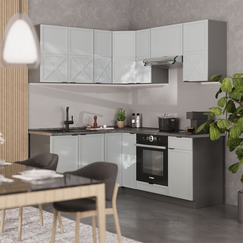 Eckküche Fame-Line, Hellblau-grau/Anthrazit, 160 x 190 cm , AP Eiche, Vicco