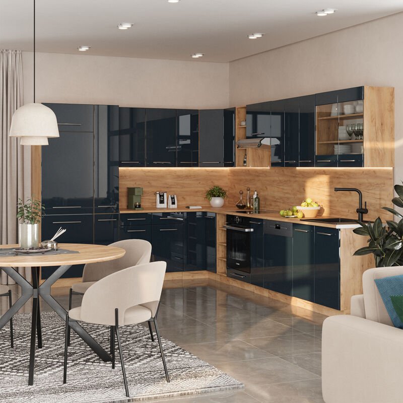 Vicco - Küchenschränke Fame-Line, Dunkelblau Hochglanz/Goldkraft Eiche, 257 x 60 cm , ap Marmor