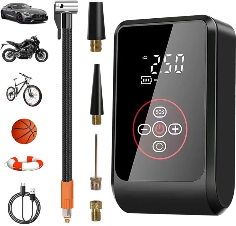 Thumbnail - Tragbarer Luftkompressor, 4000 mAh Akku-Autoreifenfüller, 150 psi Minipumpe mit LED-Licht-Digitalanzeige, elektrischer K...