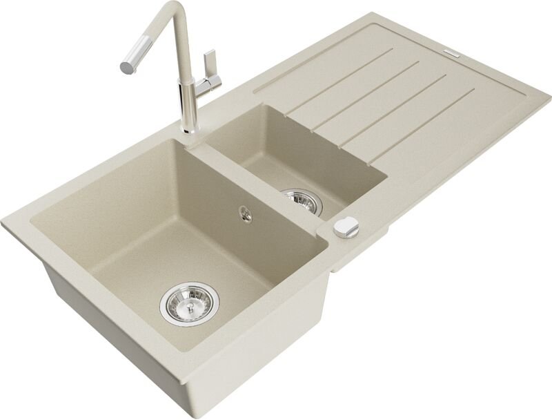 Mexen Andres 1,5-Becken-Granitspüle mit Abtropffläche und Mischbatterie Flora, Beige - 6515-69-67040