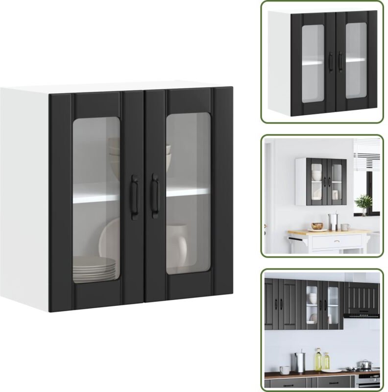 Küchen-Hängeschrank mit Glastür Lucca Schwarz Holzwerkstoff - Küchen-Wandschrank - Küchen-Wandschränke - Wandschrank Küc...
