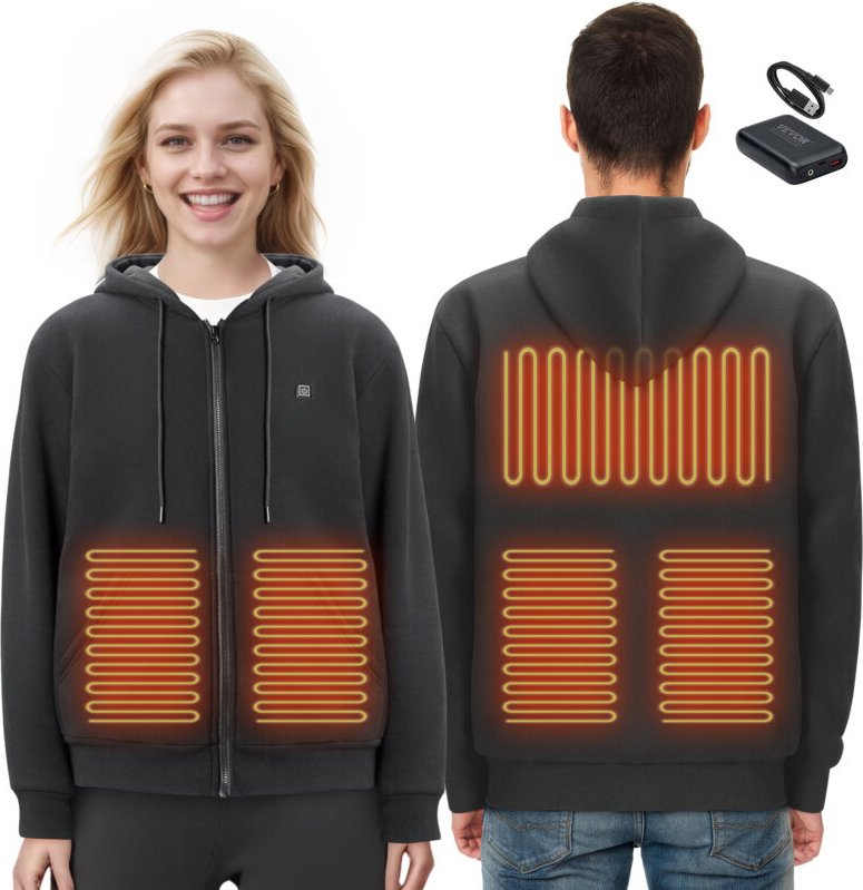 Beheizter Kapuzenpullover,Unisex Beheiztes Sweatshirt mit Akkupack 7,4 V,Elektrische Jacke mit Reißverschluss&5 Heizzone...