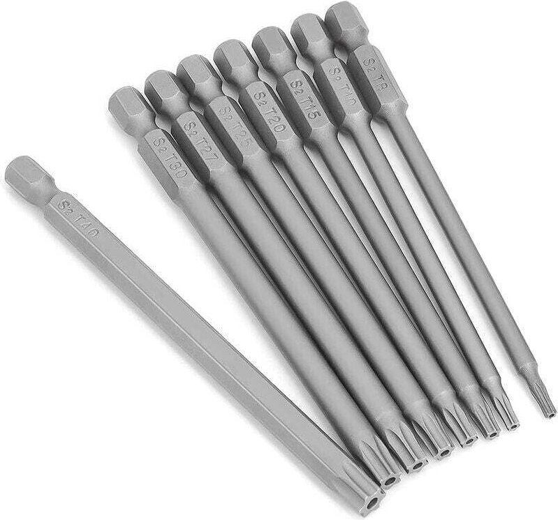 8-teiliges langes Torx-Schraubendreher-Bit-Set, 1/4 Zoll magnetischer Sternkopf, 100 mm lang, 6-Punkt-Torx-Elektrowerkze...