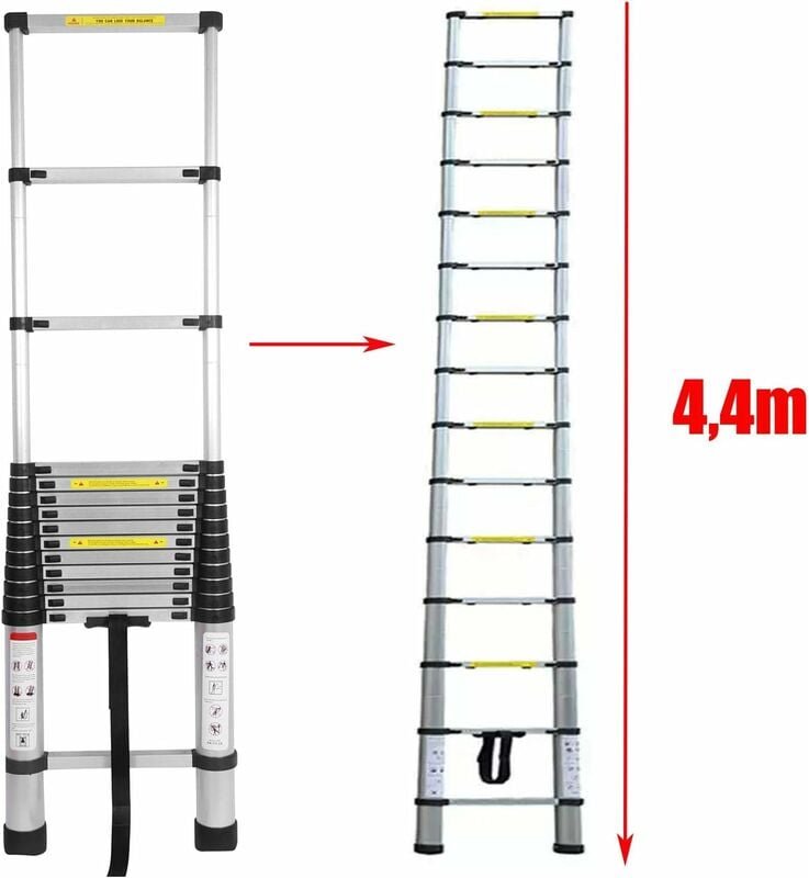 4,4M leiter Alu-Teleskopleiter Aluminium Klappleiter Rutschfester Sicher Aluleiter Mehrzweckleiter Stehleiter Ausziehlei...