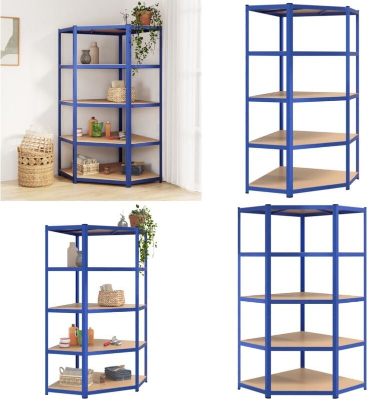 Eckregal mit 5 Böden Blau Stahl & Holzwerkstoff - Eckregal - Industrielles Regal - Metallregal - Lageregel - Werkzeugreg...
