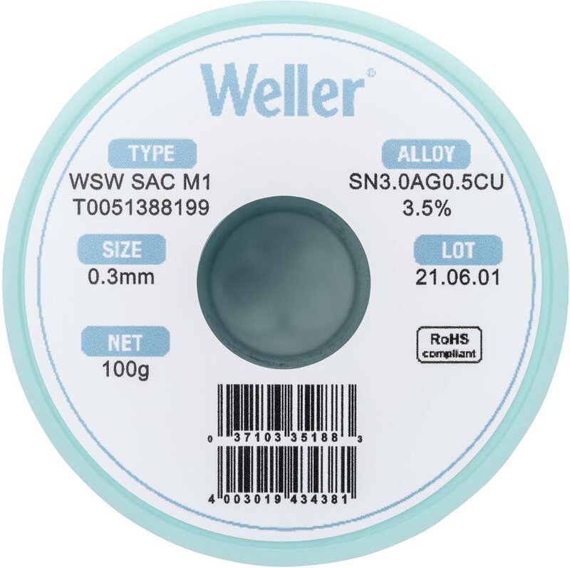 Weller - T0051388199 Lötzinn, bleifrei Spule, bleifrei Sn3,0Ag0,5Cu 100 g 0.30 mm