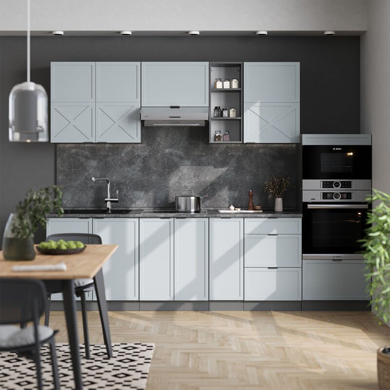 Küchenzeile Fame-Line, Hellblau-grau/Anthrazit, 280 cm , AP Marmor, Vicco