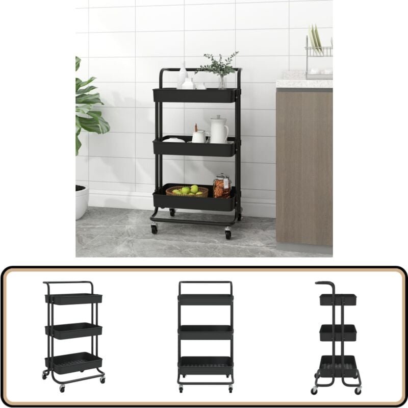 Thumbnail - Küchenwagen 3 Etagen Schwarz 42x35x85 cm Eisen und abs - Küchentrolley - Küchenwagen - Rollcontainer - Organisationshilf...