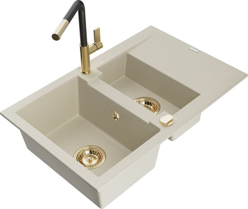 Gaspar 1,5-Becken-Granitspüle mit Abtropffläche und Mischbatterie Flora, Beige - 6507-69-67040 - Mexen