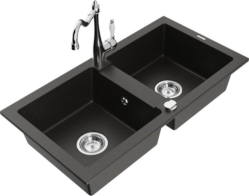 Mario 2-Becken-Granitspüle mit Mischbatterie Carla, Schwarz/Gold metallisch - 6504-75-670700-0 - Mexen