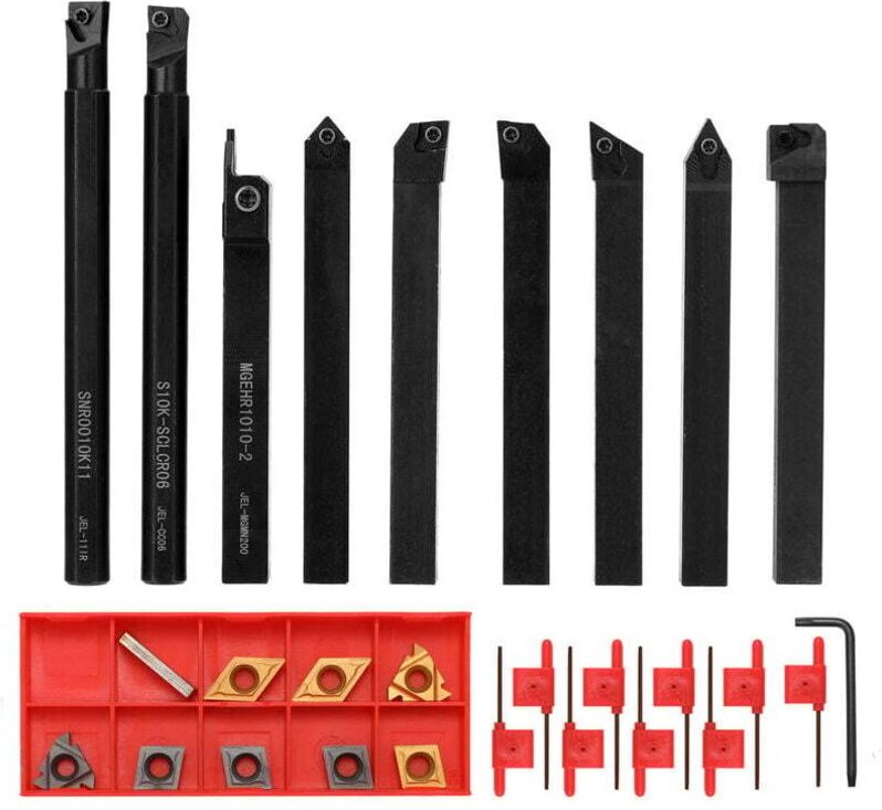 10 mm 9-teiliger Drehwerkzeugsatz, hochharter Metallfräser, Drehbank-CNC-Werkzeugleiste mit Schraubenschlüssel mit Einsa...