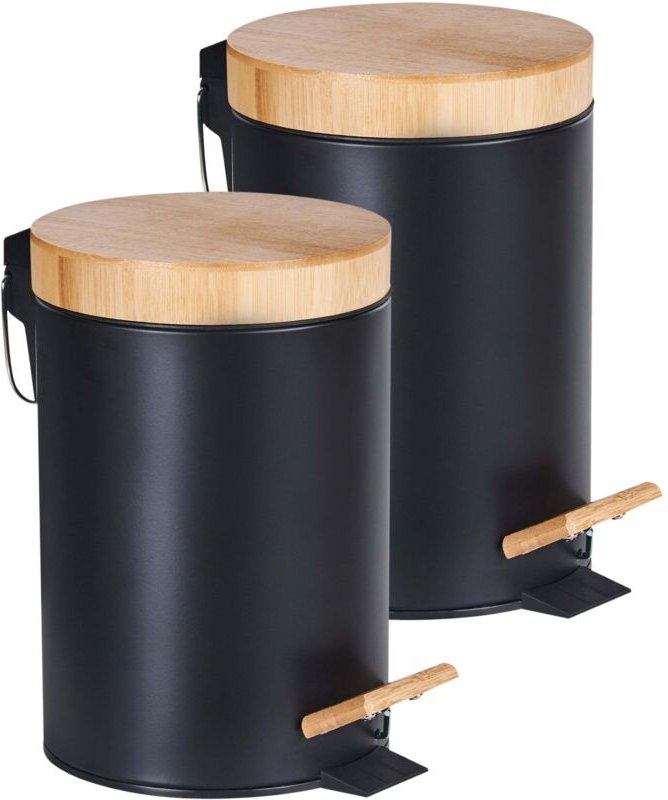 Beliani - Tretmülleimer 2er Set Schwarz aus Bambus Eisen Kunststoff mit Fußpedal und Deckel 3 l Abfalleimer für Badezimm...