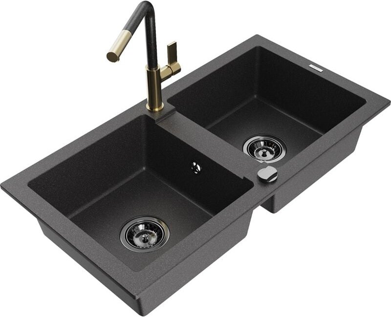 Mexen Mario 2-Becken-Granitspüle mit Mischbatterie Flora, Schwarz gesprenkelt - 6504-76-670401-75-B