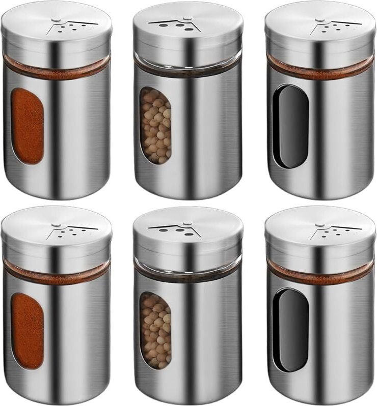 Thumbnail - Shining House - 6er-Pack 80-ml-Gewürzdosen: Gewürzdosen mit 3 Arten von Glas-Gewürzlöchern mit drehbarem Edelstahldeckel...