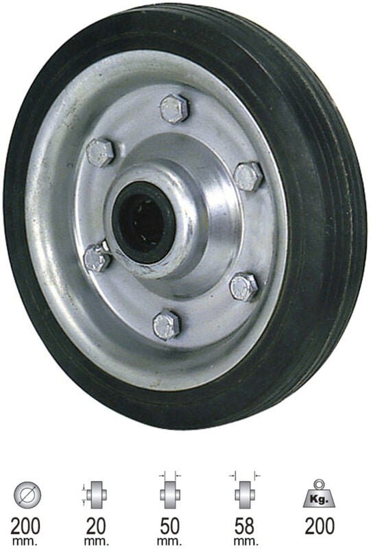 Schwarze, industrielle Gummirolle ohne Achse 200 mm.