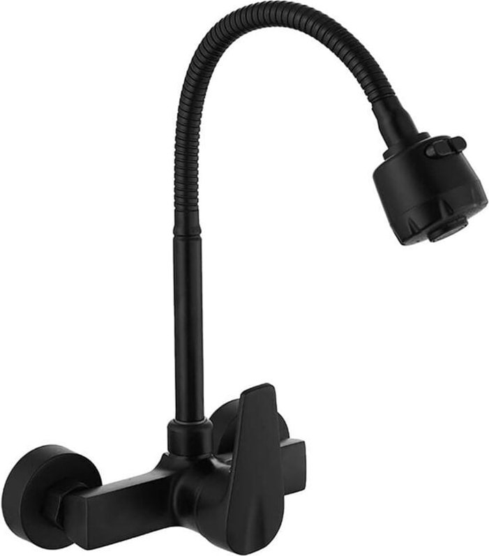 Küchenarmatur zur Wandmontage, 360° schwenkbarer Spültisch-Mischbatterie, Schwenkauslauf aus schwarzem Messing, FLITI-Fl...