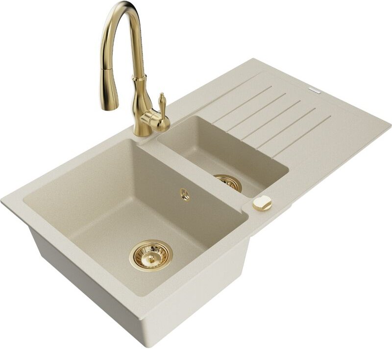 Matias 1,5-Becken-Granitspüle mit Abtropffläche und Mischbatterie Savita, Beige - 6502-69-6726 - Mexen