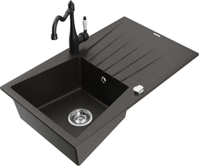 Cesar 1 Becken-Granitspüle mit Abtropffl√§che und Mischbatterie Carla, Schwarz/Gold metallisch - 6514-75-670700-70 - Mex...