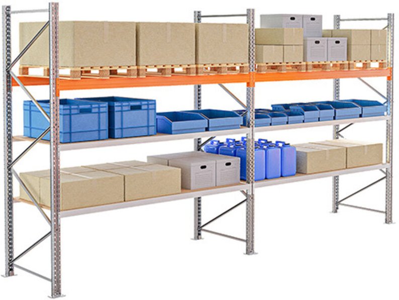 Palettenregale 2 Ebenen + Paletten 1 Ebene - Startmodul: Höhe 3000mm - Länge 1825mm - RAYOHYB/3N/3018/D