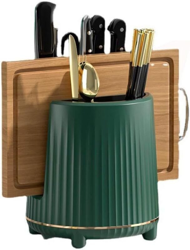 Küchenaufbewahrungszubehör, multifunktionales Drehregal, Essstäbchen, Messer, Schneidebrett, Abtropfgestell (dunkelgrün)
