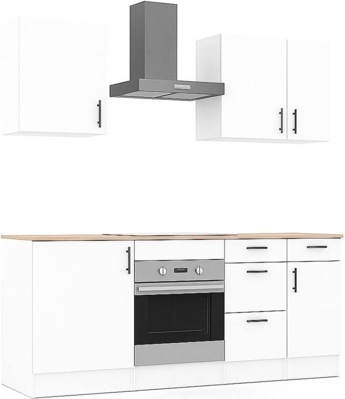 Komplette Küche Carona, Moderne Küchenkomposition, Modular Set für Küche, Funktionelle Küchenlösung, Weiß und Eiche - Dm...