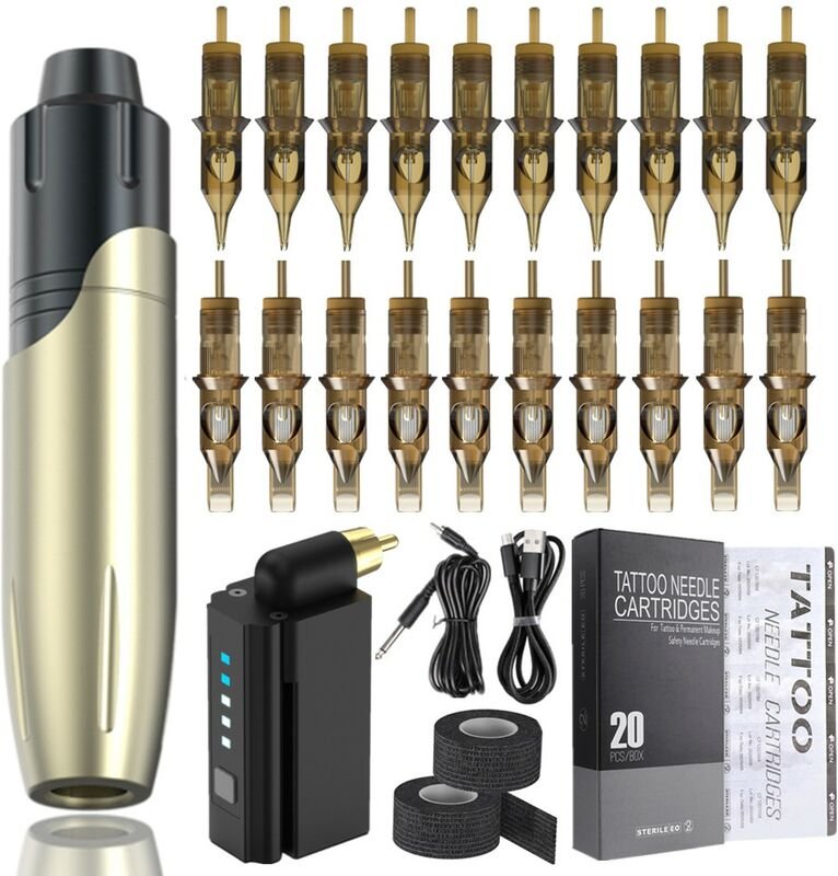 Tattoo-Maschinen-Set, Tattoo Pen Set, Professionelle Tätowiermaschine, Blau, mit 20 Stück Tattoo Cartridge Nadeln Kinsi