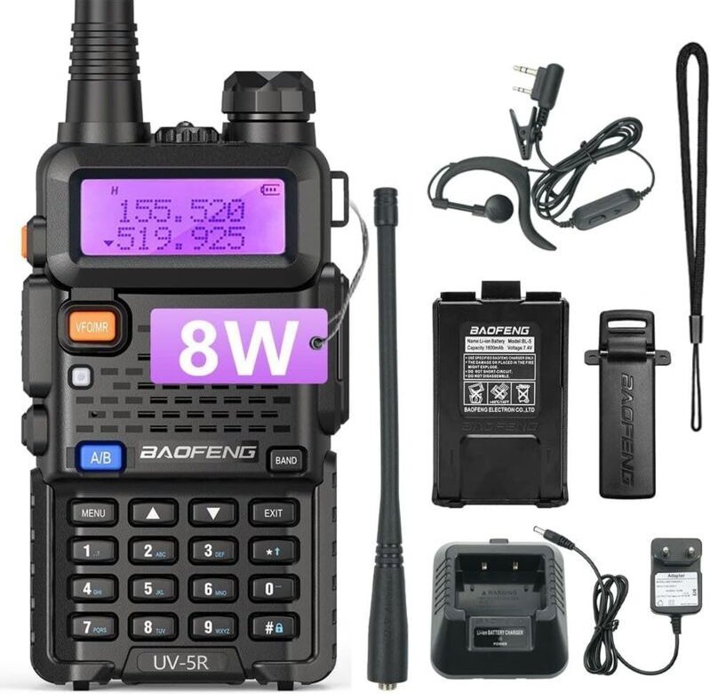 UV-5R 8W Walkie Talkie Hochleistungs-FM-Radio 128 Kanäle Funkkommunikations-Transceiver mit Kopfhörer Schwarz