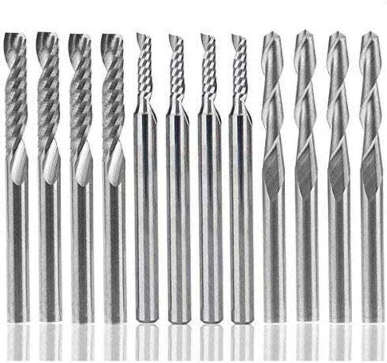 Ulisem 12-teiliges Hartmetall-Fräser-Set, 4 Stück 1/8 Zoll Doppelnut-CNC-Fräser + 8 Stück einschneidige Schaftfräser (2 ...