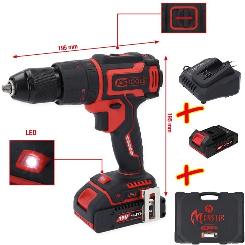 KS Tools eMONSTER Brushless-Akku-Schlag-Bohr-Schrauber-Satz, 4-tlg