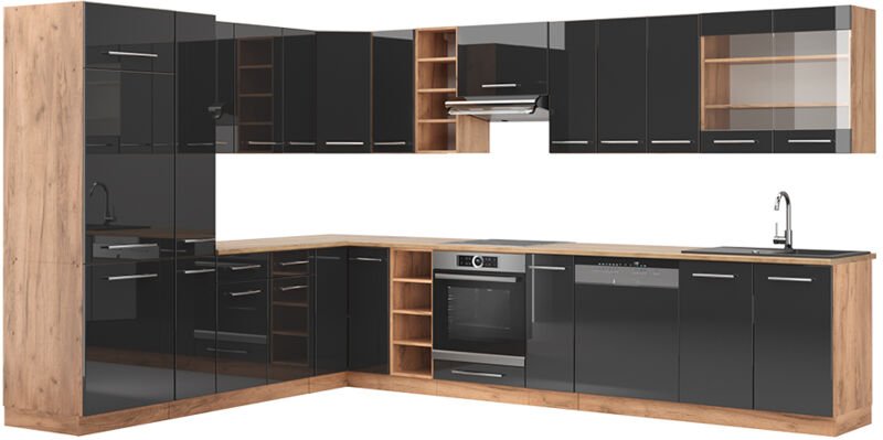 Eckküche Fame-Line, Anthrazit Hochglanz/Goldkraft Eiche, 347 x 257 cm , AP Eiche, Vicco