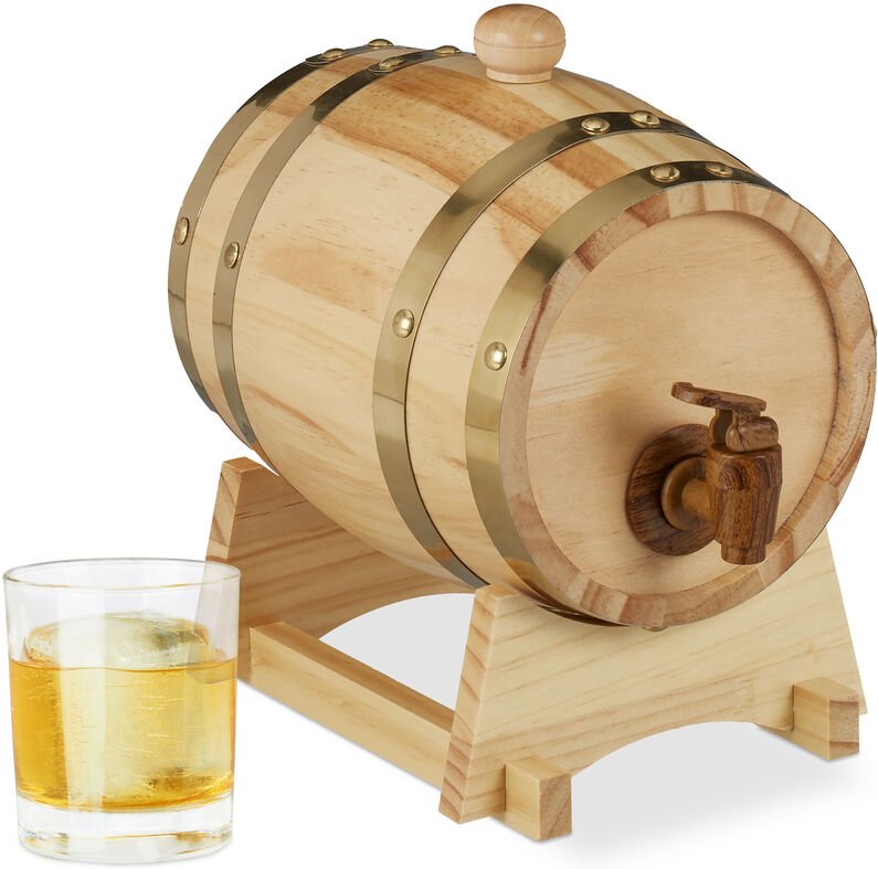 Holzfass 1,25 l, mit Bock, Zapfhahn, für Whiskey, Wein, Spirituosen, Whiskyfass HxBxT 23 x 16 x 25,5 cm, natur - Relaxda...