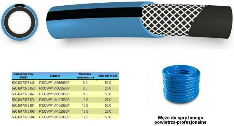 Wąż do sprężonego powietrza fi = 6mm x 25m, niebieski, profesionalny