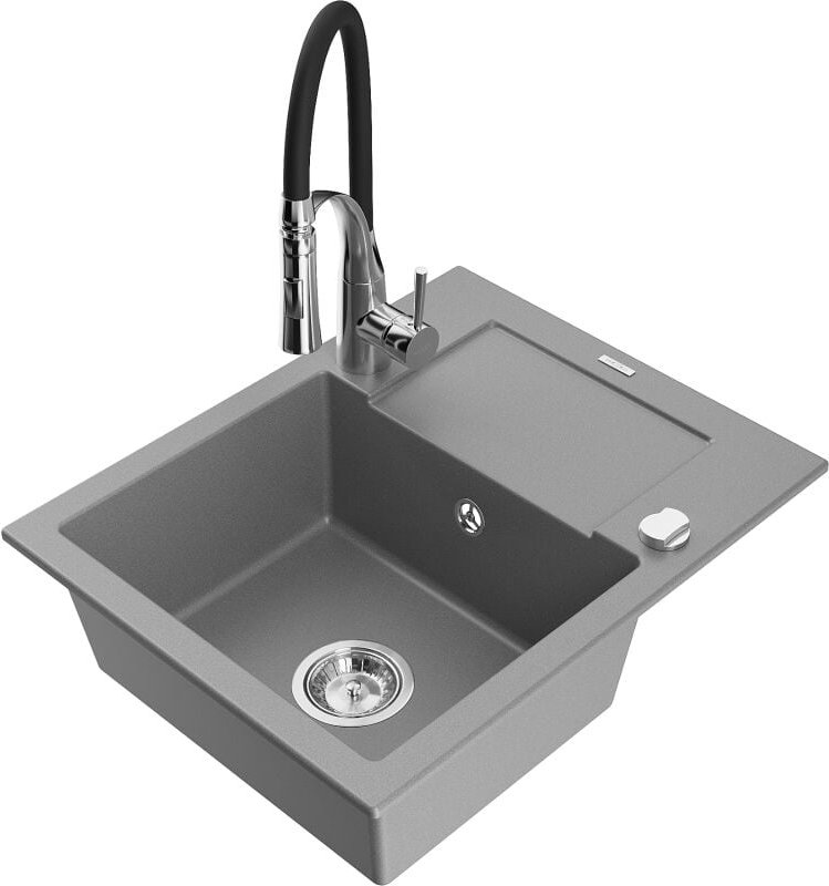 Enzo 1 Becken-Granitspüle mit Abtropffl√§che und Mischbatterie Aster, Grau - 6506-71-73450-07 - Mexen