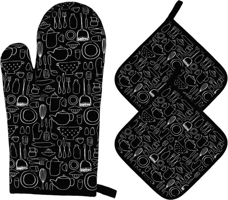 Thumbnail - Ofenhandschuhe und Topflappen-Set, hitzebeständige Küchenofenhandschuhe, eCotton, Kochhandschuhe mit langer Manschette z...