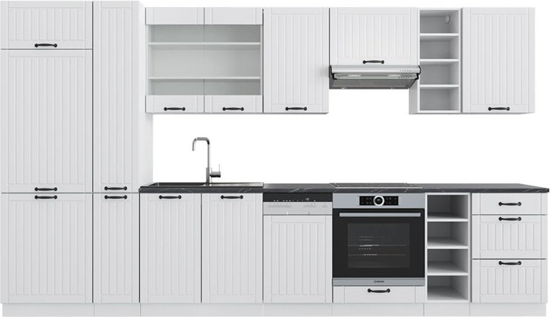 Vicco - Küchenzeile Fame-Line, Weiß Landhaus/Weiß, 355 cm mit Hochschrank, ohne Arbeitsplatte