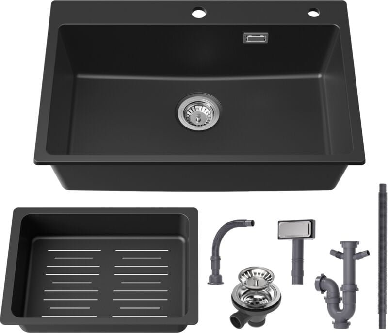 Granitspüle 70 × 45 cm Küchenspüle Granit mit Abtropfkorb, Aufsatz Spüle Küchenspülbecken, inkl. Siphon Ab- und Überlauf...