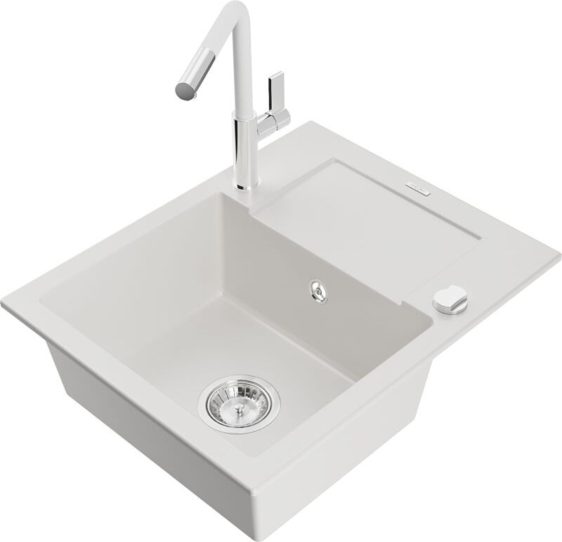 Enzo 1 Becken-Granitspüle mit Abtropffläche und Mischbatterie Flora, Weiß - 6506-20-670401-02 - Mexen