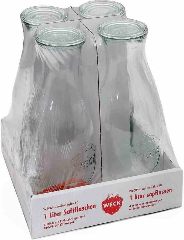 Saftflasche 4er-Tray 1 l mit Ringen und Klammern