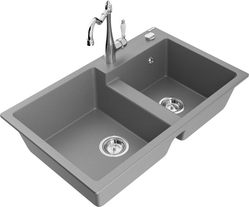 Tomas 2-Becken-Granitspüle mit Mischbatterie Carla, Grau - 6516-71-670700-00 - Mexen
