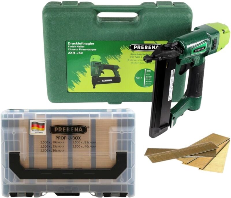 Prebena - 2XR-J50 Druckluftnagler 4,0 - 7,0 Bar + profi-j-box Stauchkopfnägel Brads 12500 Stk. + Koffer