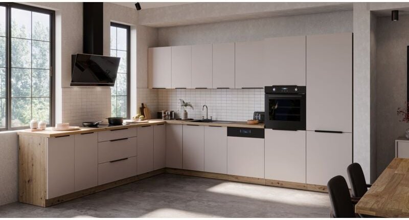 Winkelküche SOLANO 290x350 cm Küchenzeile Eckküche Einbauküche Küche Kaschmir beige matt + Eiche Artisan matt
